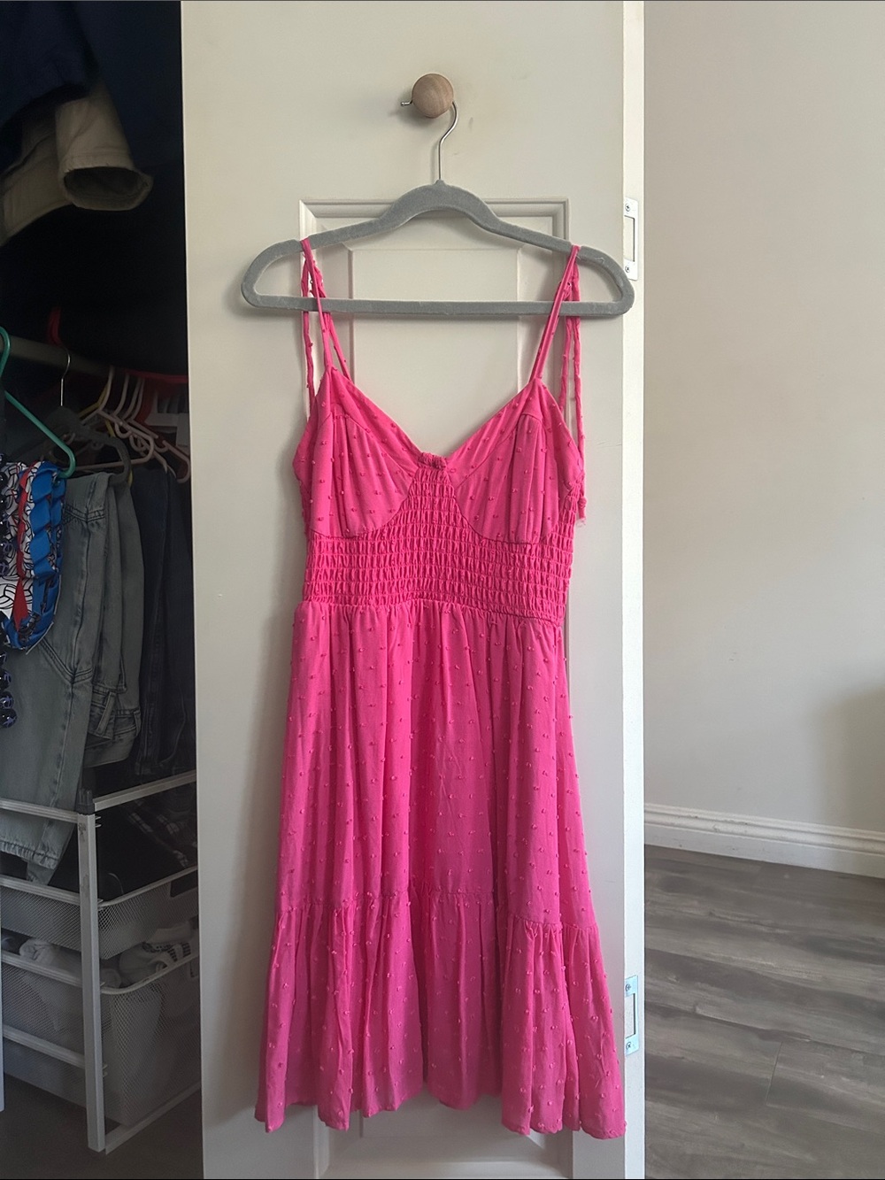 Wild Fable Hot Pink Swiss Dot Tiered Ruffle Mini Dress Spaghetti Strap